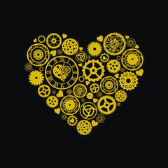 Heart consisting of gears in the Victorian style, hand drawn. Vector illustration