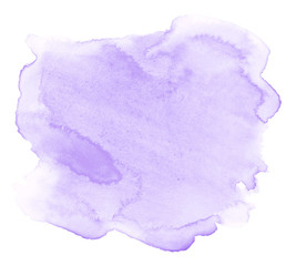 Lilac pastel watercolor hand-drawn isolated wash stain on white background for text, design. Abstract texture made by brush for wallpaper, label.