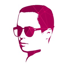Man avatar half turn view. Gradient paint male face silhouette or icon. Portrait with sunglasses. Silhouette textured by lines and dots pattern