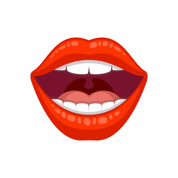 Beautiful women sexy lip, great design for any purposes. Female lip with red lipstick. Open mouth with teeth. Fashion, style, beauty. Fashion luxury makeup. Sexy woman's lip isolated on white.