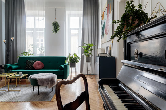 Bright and sunny luxury home interior with design green velvet sofa, armchair,  table, commode, pouf and accessroies. Big windows. A lot of plants. Stylish decor of living room. View from the piano.