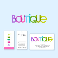 Boutique logo. Transparent multicolor letters on a light background. Labels and business card.