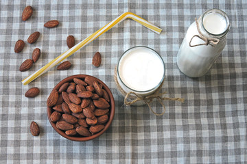Almond milk is made from raw almonds. Vegan drink.