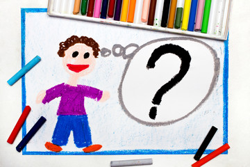 Colorful drawing: A smiling man and big question mark next to him. Problem and solution