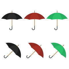 Umbrellas set. Black, red and green umbrellas. Rain protection Vector illustration.