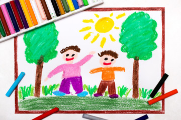 Colorful drawing: Two smiling boys are walking in the woods