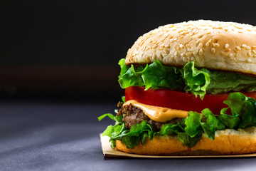 Delicious fresh homemade burger on a dark background. Fast and bad food