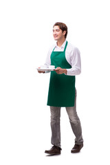 Young waiter isolated on white background