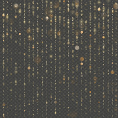 Fashion strass drops with shiny sequins. Gold particles lines rain. Sparkling of shimmering light blurs. Overlay transparent glitter threads of curtain backdrop. Christmas and New Year effect. EPS 10