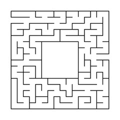 Abstract square maze with entrance and exit. An interesting and useful game for children. Simple flat vector illustration isolated on white background. With a place for your drawings.