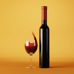 Glass and bottle of red wine, copy space original 3d rendering