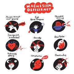 Funny hand drawn icons about magnesium deficiency symptoms. Vector. - obrazy, fototapety, plakaty