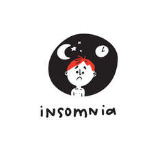 Insomnia. Funny hand drawn illustration of man suffers from insomnia. Vector.