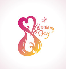 Red handwritten template. 8 March. Happy Women's Day. The eight is drawn by two hearts and curls. To the international womens day.