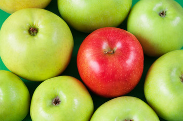 many green apples and one red apple, concept