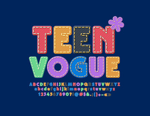 Vector Stylish Sign Teen Vogue. Jeans texture Font. Bright Alphabet Letters, Numbers and Symbols.
