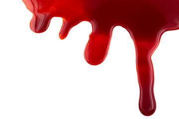 Dripping blood isolated on white background. Flowing red blood splashes, drops and trail.