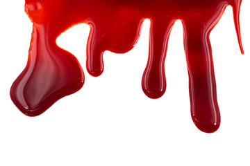 Dripping blood isolated on white background. Flowing red blood splashes, drops and trail.