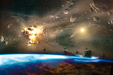 Falling meteorites of asteroids in the Earth's atmosphere. Apocalpsis concept. Elements of this image furnished by NASA. © elen31