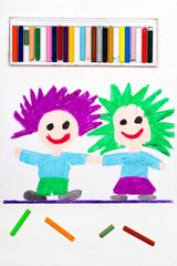 Obraz na płótnie Canvas Colorful drawing: Happy children with funny hair.