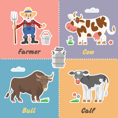 Сartoon set funny milk farm with farmer, cow, bull, calf and can. Comic country stickers collection.