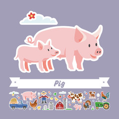 Cartoon pig vector flat illustration. Character isolated swine and piglet. Farming collection rural stickers. Happy piggy.