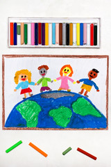Colorful drawing: International children of the world. Children standing on planet earth