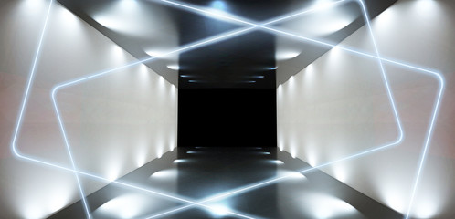 The background is an empty tunnel, the room is lit by neon light. Concrete covering, tile. Smoke. Laser square figure in the center of the room. 3D rendering