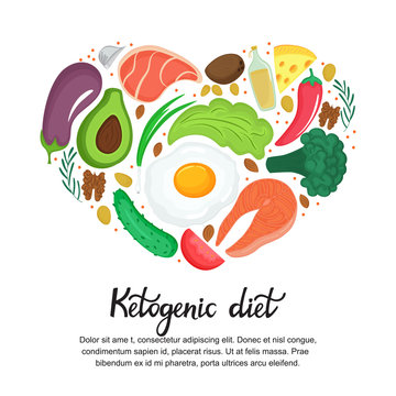Healthy foods: vegetables, nuts, meat, fish. Heart shaped banner in cartoon style. Keto diet. Ketogenic nutrition.