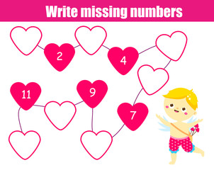 Mathematics educational game for children. Write the missing numbers. cute Cupid boy. St Valentines day theme fun for kids and toddlers