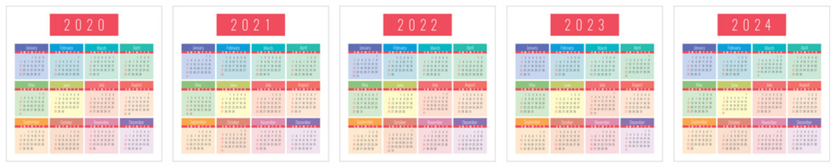 Calendar 2020, 2021, 2022, 2023 and 2024 years. Colorful vector set. Week starts on Sunday. Calender design template. English  collection