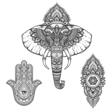 Ornate inked decorative elephant portrait, mehndi and hamsa set. tribal spiritual animal. Tattoo. Hand drawn vector illustration. .