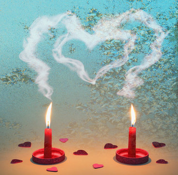 Symbolic image of Valentine's day candles, hearts, fire.