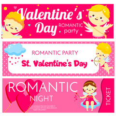 Valentines day horizontal banners. Invitations, flyers with cute cartoon Cupids characters. Promo, tickets for party, dating night
