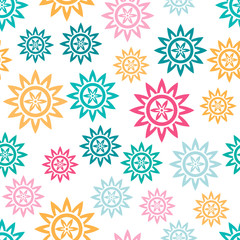 Seamless pattern with abstract flowers. Tribal stars isolated on white background. Vector illustration.