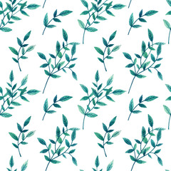 Decorative green leaves on branch on white background. Seamless pattern. Hand drawn watercolor illustration.