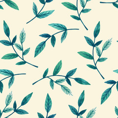 Decorative green leaves on branch on beige background. Seamless pattern. Hand drawn watercolor illustration.