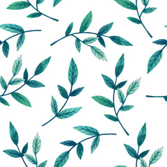 Decorative green leaves on branch. Seamless pattern. Hand drawn watercolor illustration.