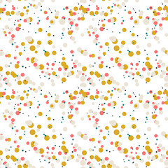 Festive seamless pattern with colorful round paint splatters. Messy overlay circles on white background. Dotted texture. Chaotic grunge dot. Geometric wrapping paper. Vector illustration.