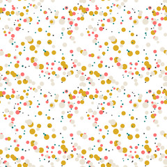 Festive seamless pattern with colorful round paint splatters. Messy overlay circles on white background. Dotted texture. Chaotic grunge dot. Geometric wrapping paper. Vector illustration.
