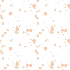 Festive seamless pattern with colorful round paint splatters. Messy overlay circles on white background. Dotted texture. Chaotic grunge dot. Geometric wrapping paper. Vector illustration.