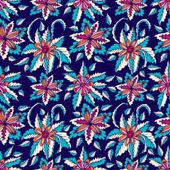 Colorful hand drawn doodle floral seamless pattern on navy blue.  Abstract tropical fantasy flowers, leaves, hawaiian pattern. Cartoon flora. Vector background.
