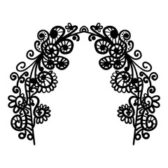 Doodle arch. Abstract frame of black doodle floral elements with flowers, branches and leaves isolated on white background. Vector illustration.