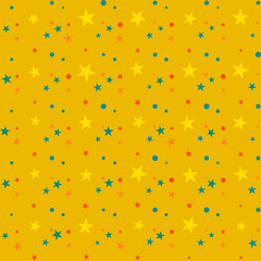Colorful festive seamless pattern, abstract background with orange, blue, red, yellow  circles and stars on yellow. Infinity geometric pattern. Wrapping paper. Vector illustration. 
