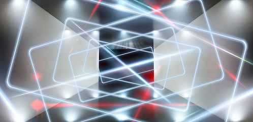 Obraz premium The background is an empty tunnel, the room is lit by neon light. Concrete covering, tile. Smoke. Laser square figure in the center of the room. 3D rendering