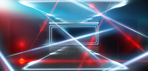 The background is an empty tunnel, the room is lit by neon light. Concrete covering, tile. Smoke. Laser square figure in the center of the room. 3D rendering