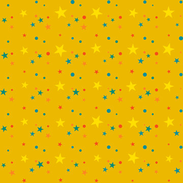 Colorful Festive Seamless Pattern, Abstract Background With Orange, Blue, Red, Yellow  Circles And Stars On Yellow. Infinity Geometric Pattern. Wrapping Paper. Vector Illustration. 