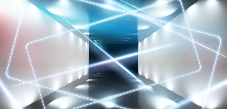The background is an empty tunnel, the room is lit by neon light. Concrete covering, tile. Smoke. Laser square figure in the center of the room. 3D rendering © MiaStendal