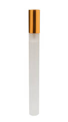 elongated matte pocket perfume bottle with golden cap isolated on white background closeup