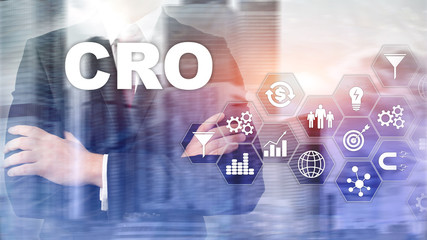 Conversion Rate Optimization. CRO Business Technology Finance concept on a virtual screen.